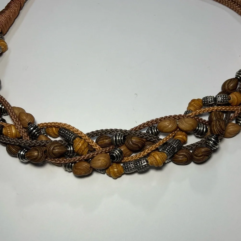 Vintage Woven Belt Wood Beads Silver Hook Women’s S Boho Rustic Artisan Style